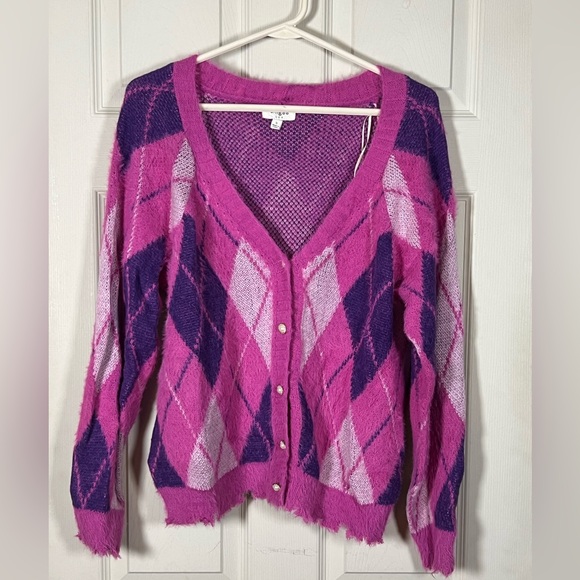 Umgee Oversized Pink and Purple Argyle Cardigan - Picture 2 of 7